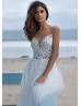 Beaded Scoop Neck Ivory Lace Tulle Boho Beach Wedding Dress